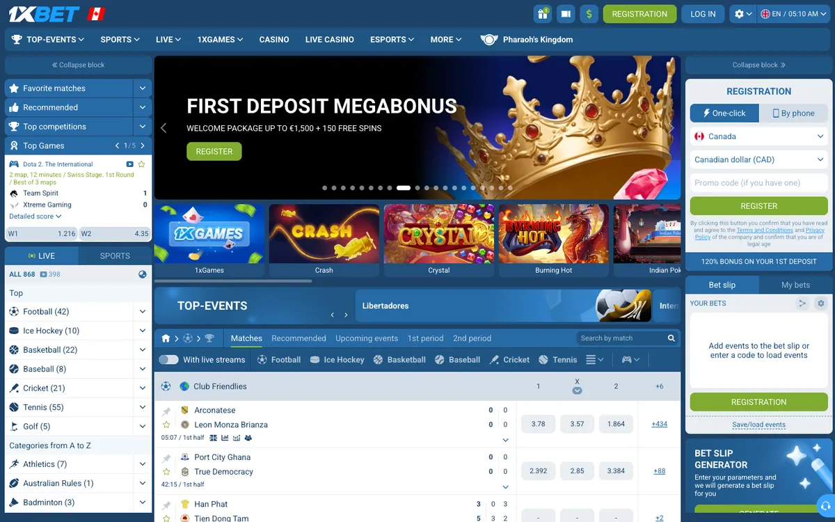 1xBet Casino — Home page, captured from Canada