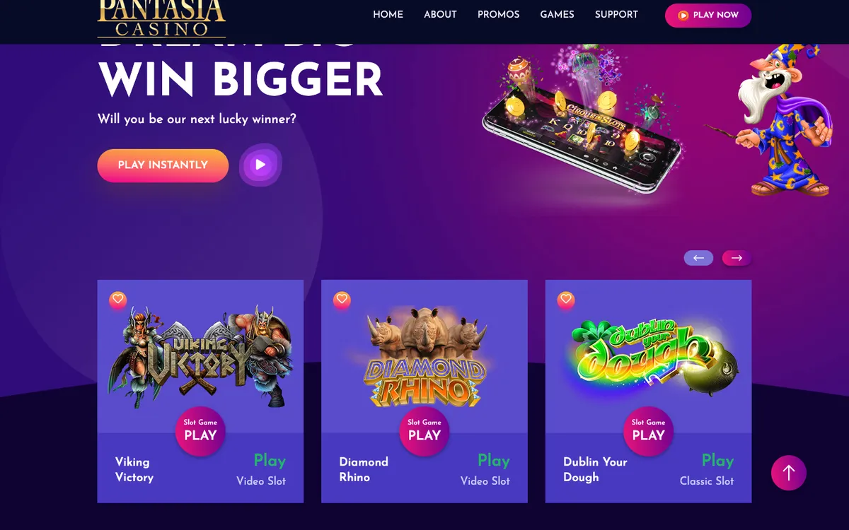 Pantasia Casino — Home page, captured from United Kingdom