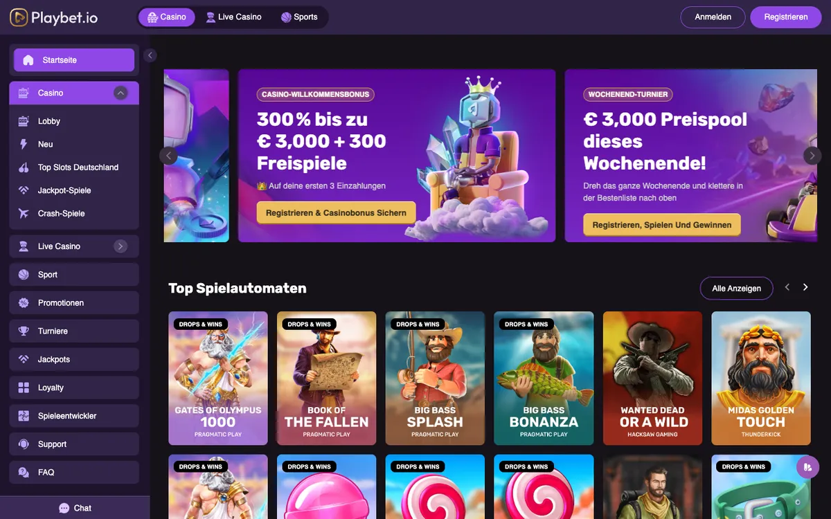 Playbet.io Casino — Home page, captured from Germany