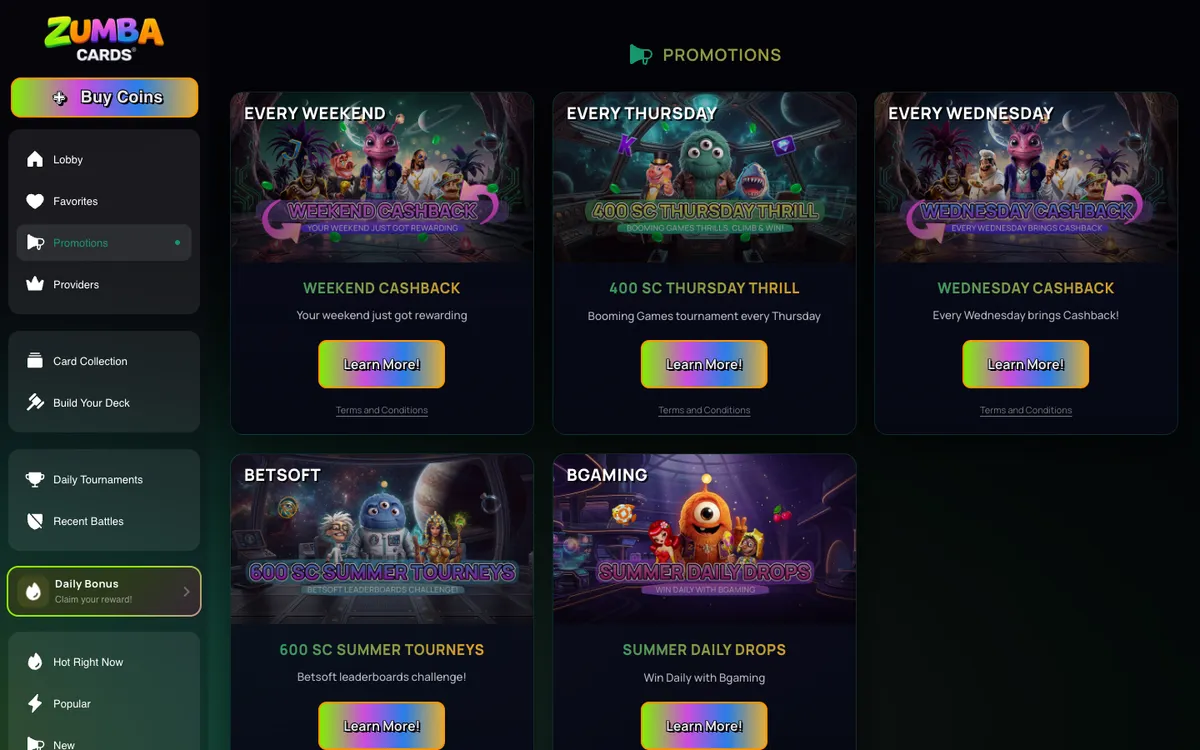 ZumbaCards Casino — Promotions, captured from United States