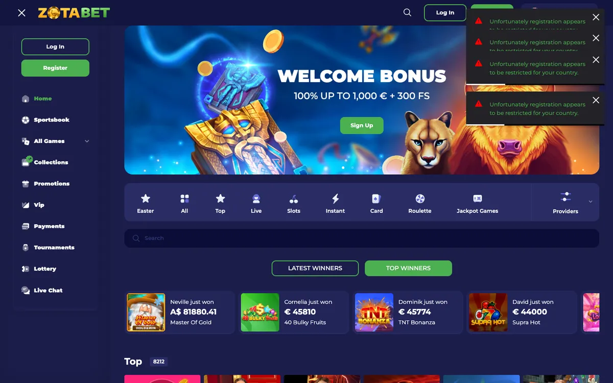 Zotabet Casino — Sign-up, captured from Spain