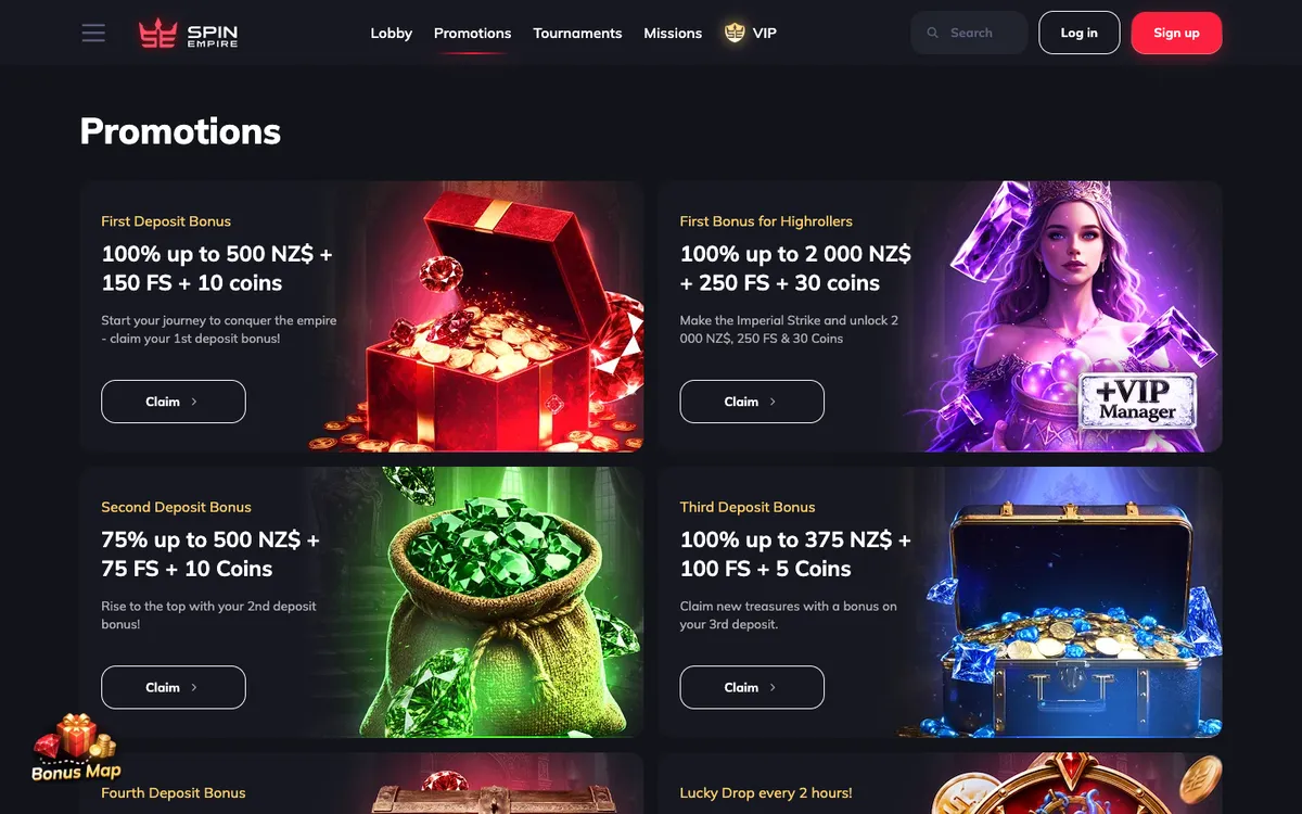 Spin Empire Casino — «Акции», снято из страны Новая Зеландия