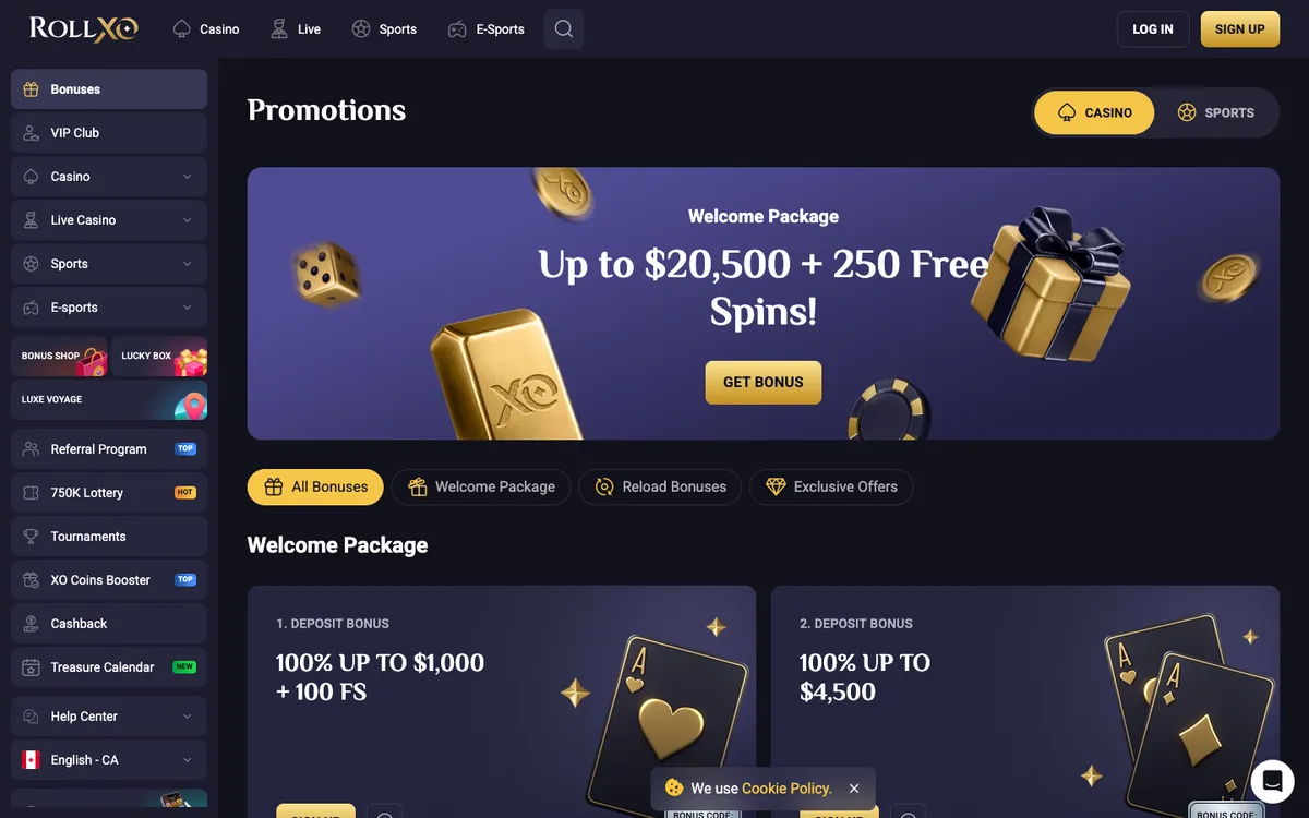RollXO Casino — Promotions, captured from Canada