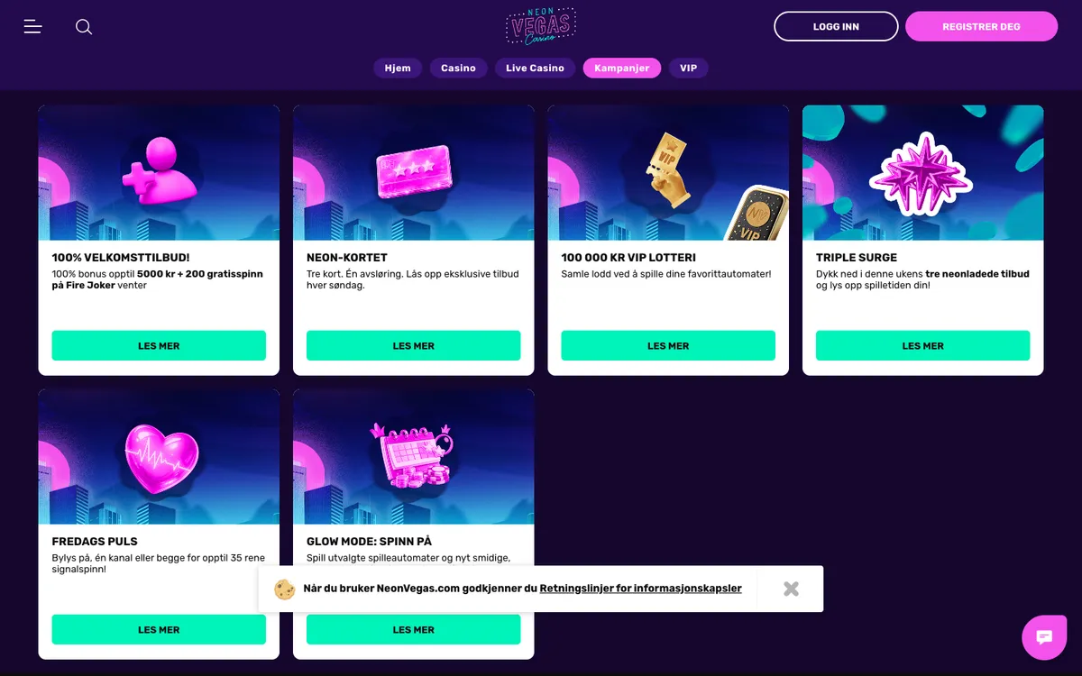 NeonVegas Casino — Promotions, captured from Norway