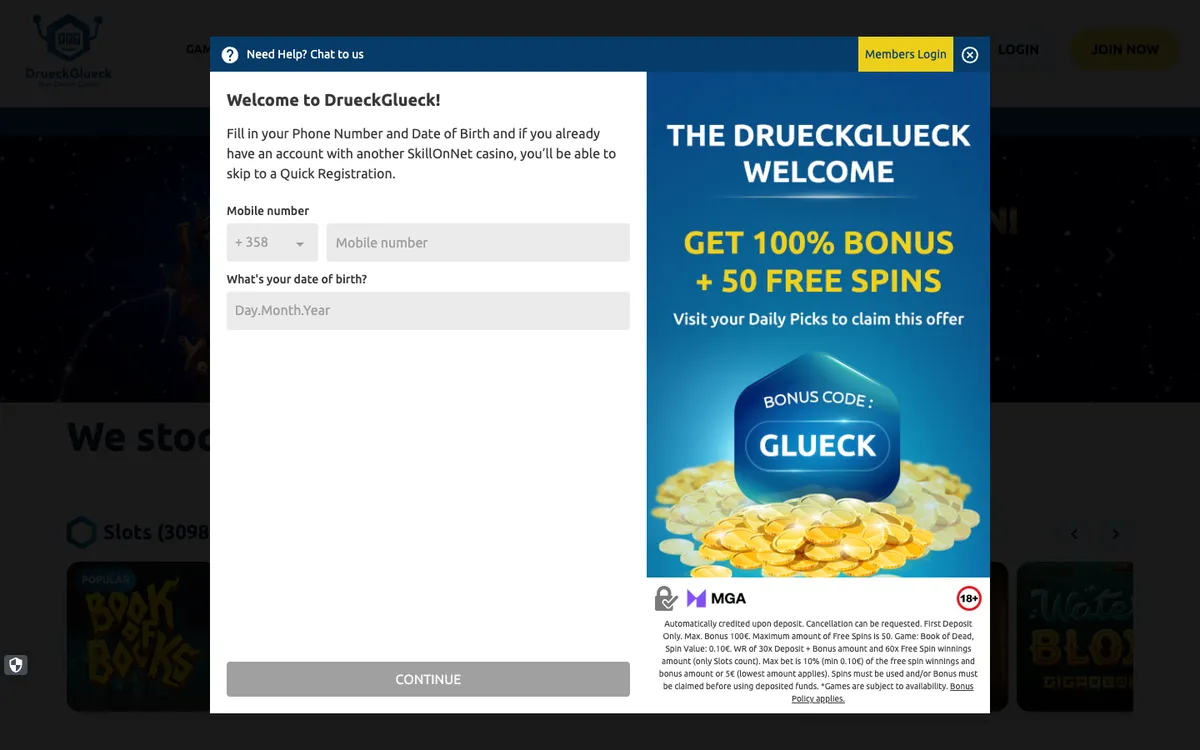 DrueckGlueck Casino — Sign-up, captured from Finland