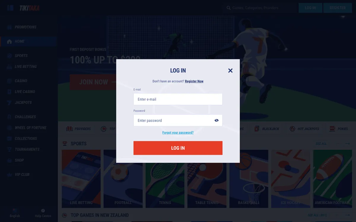 TikiTaka Casino — Sign-up, captured from New Zealand