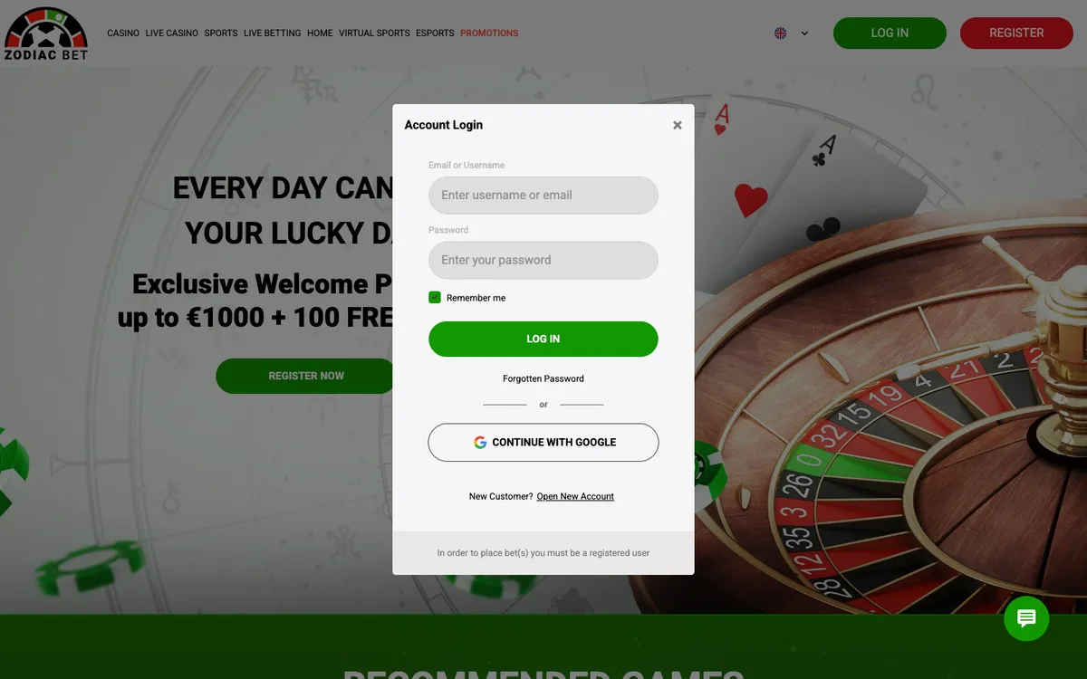 ZodiacBet Casino — «Регистрация», снято из страны Япония