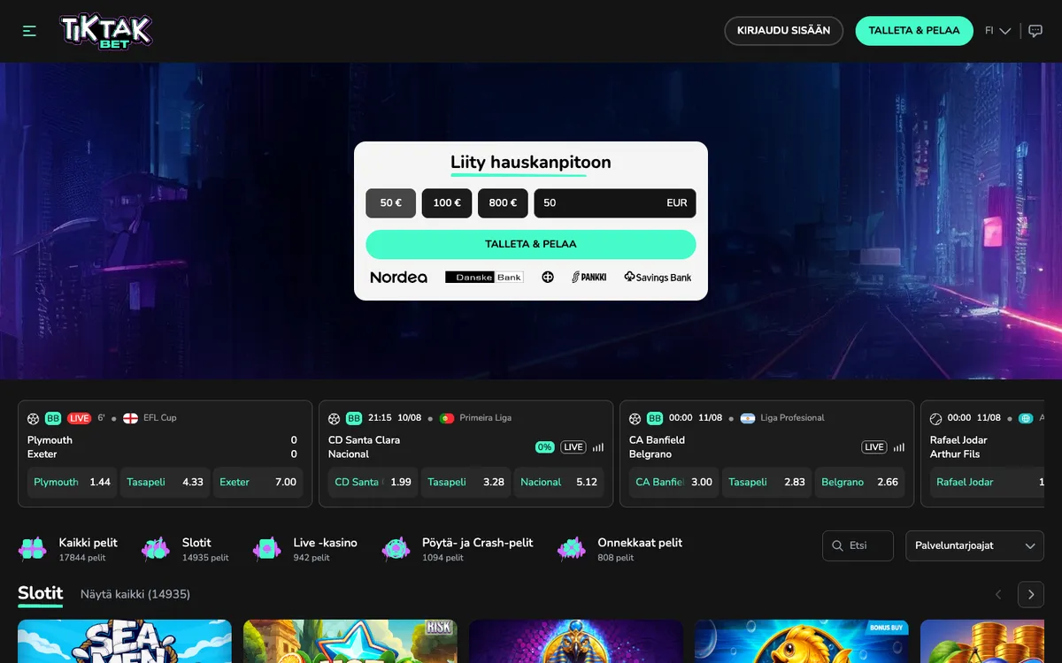 TikTak Bet Casino — Home page, captured from Finland