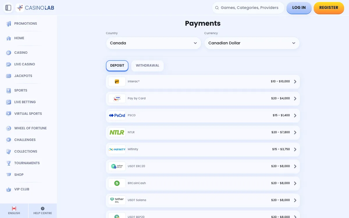 CasinoLab — Payments, captured from Canada