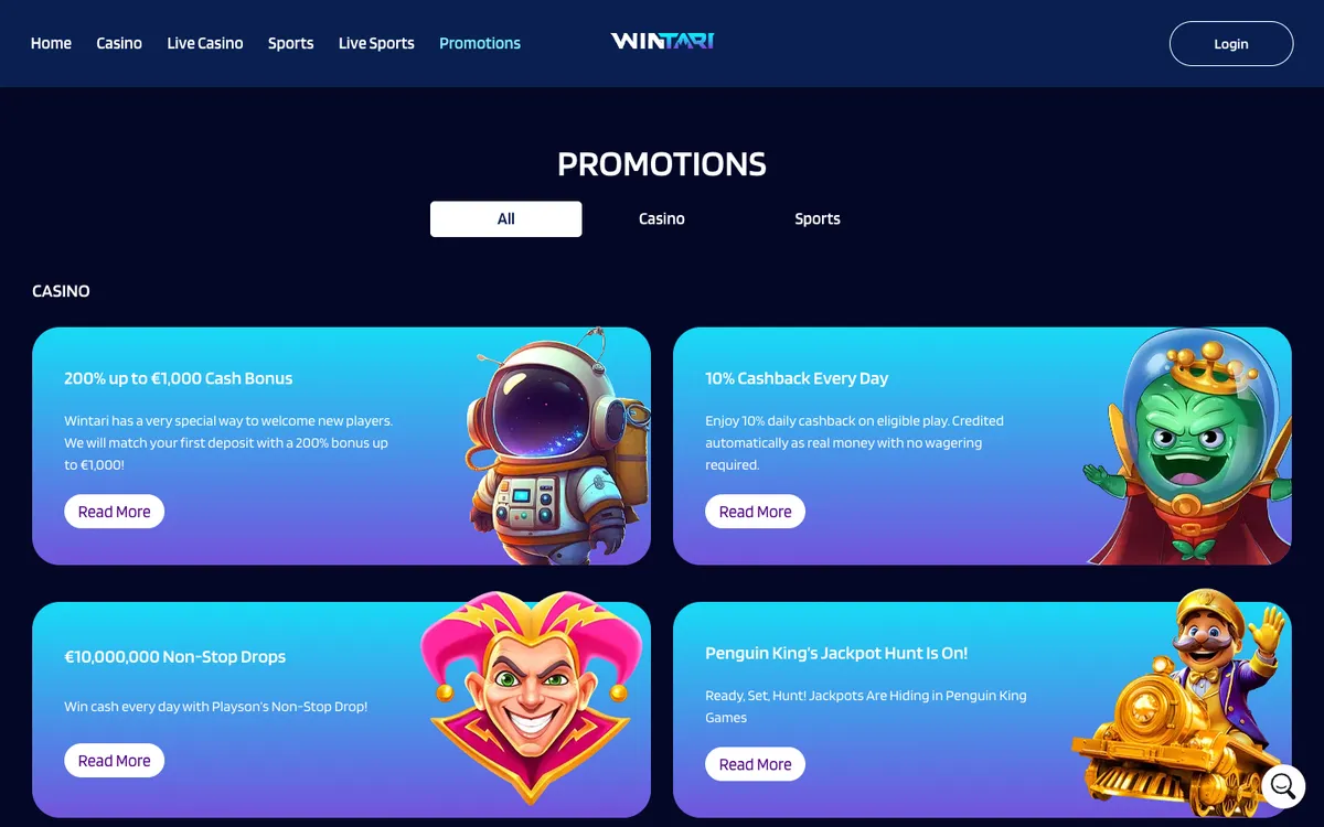 Wintari Casino — Promotions, captured from Australia