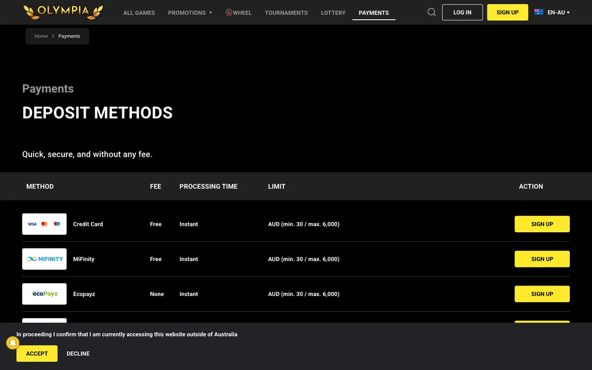 Olympia Casino — Payments, captured from Australia