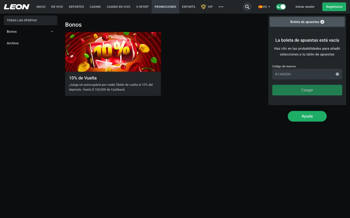 Leon Bet Casino — Promotions, captured from Chile