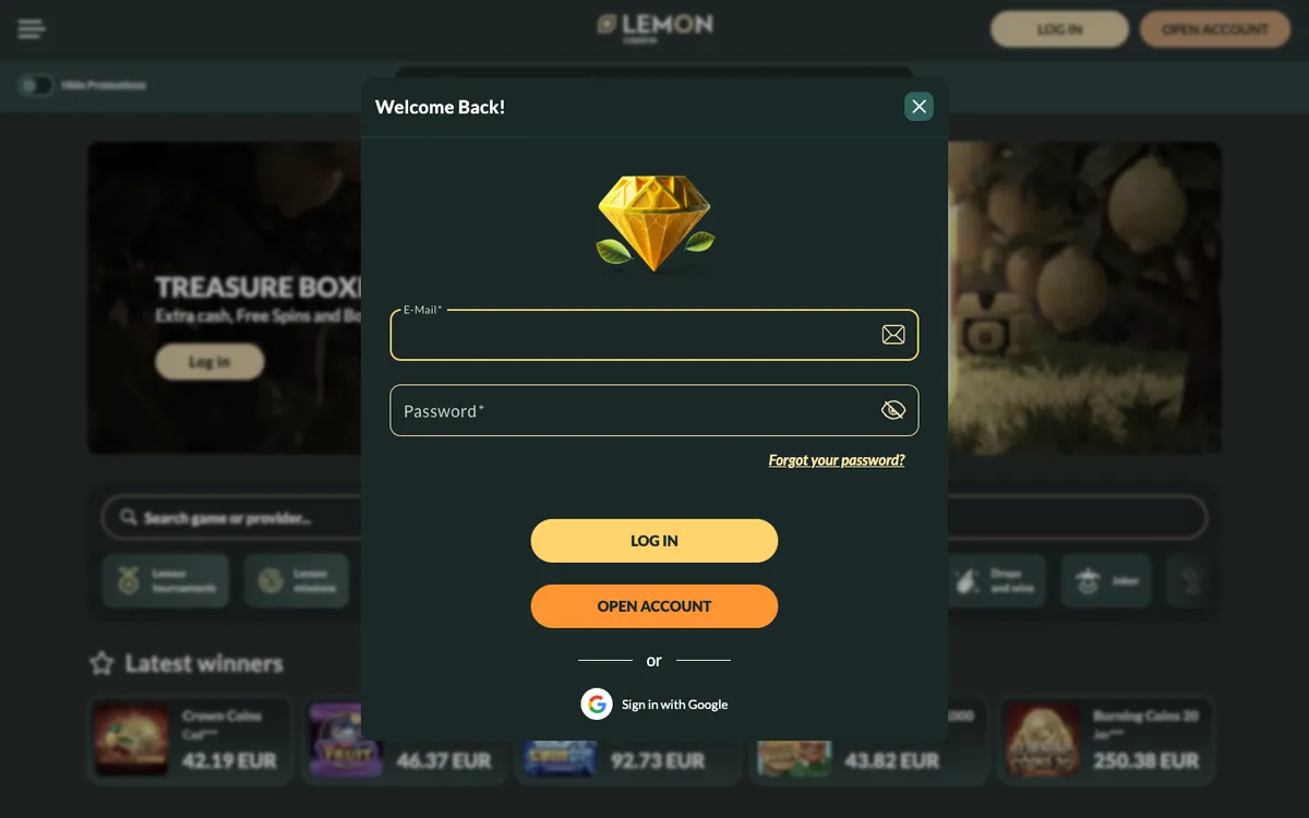 Lemon Casino — «Регистрация», снято из страны Бразилия