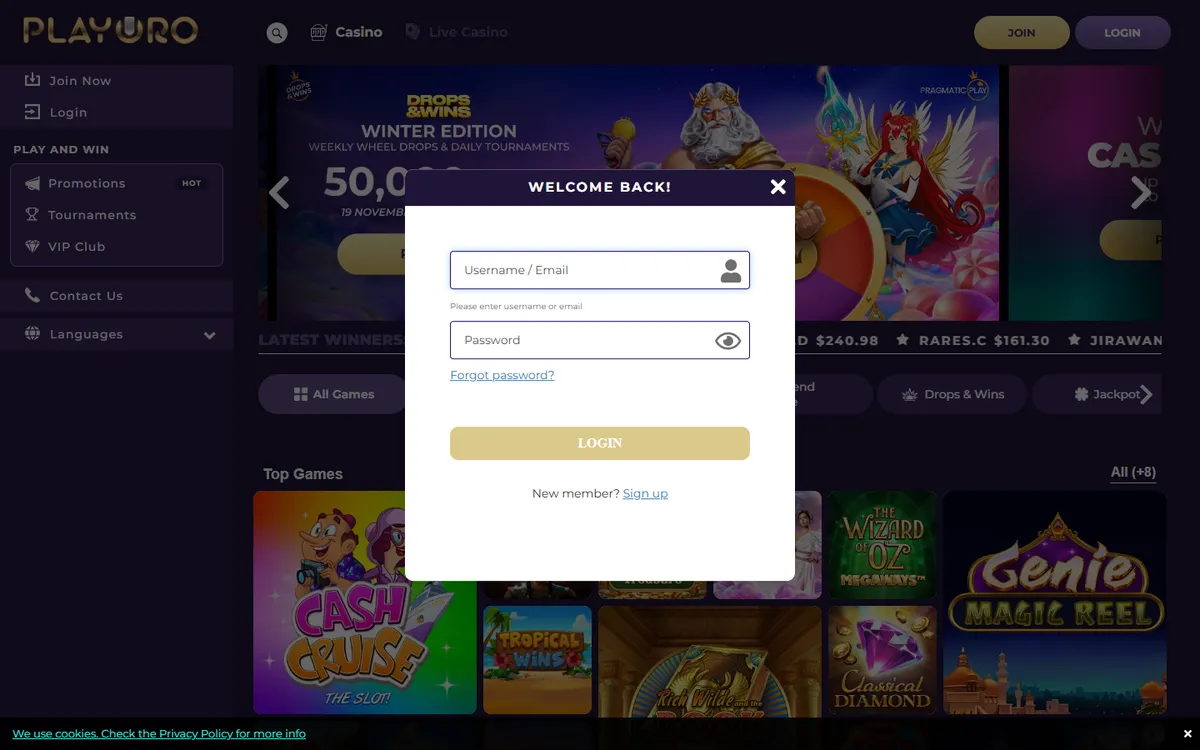 Playoro Casino — «Регистрация», снято из страны Канада