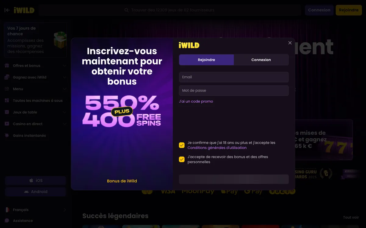 iWild Casino — Home page, captured from France