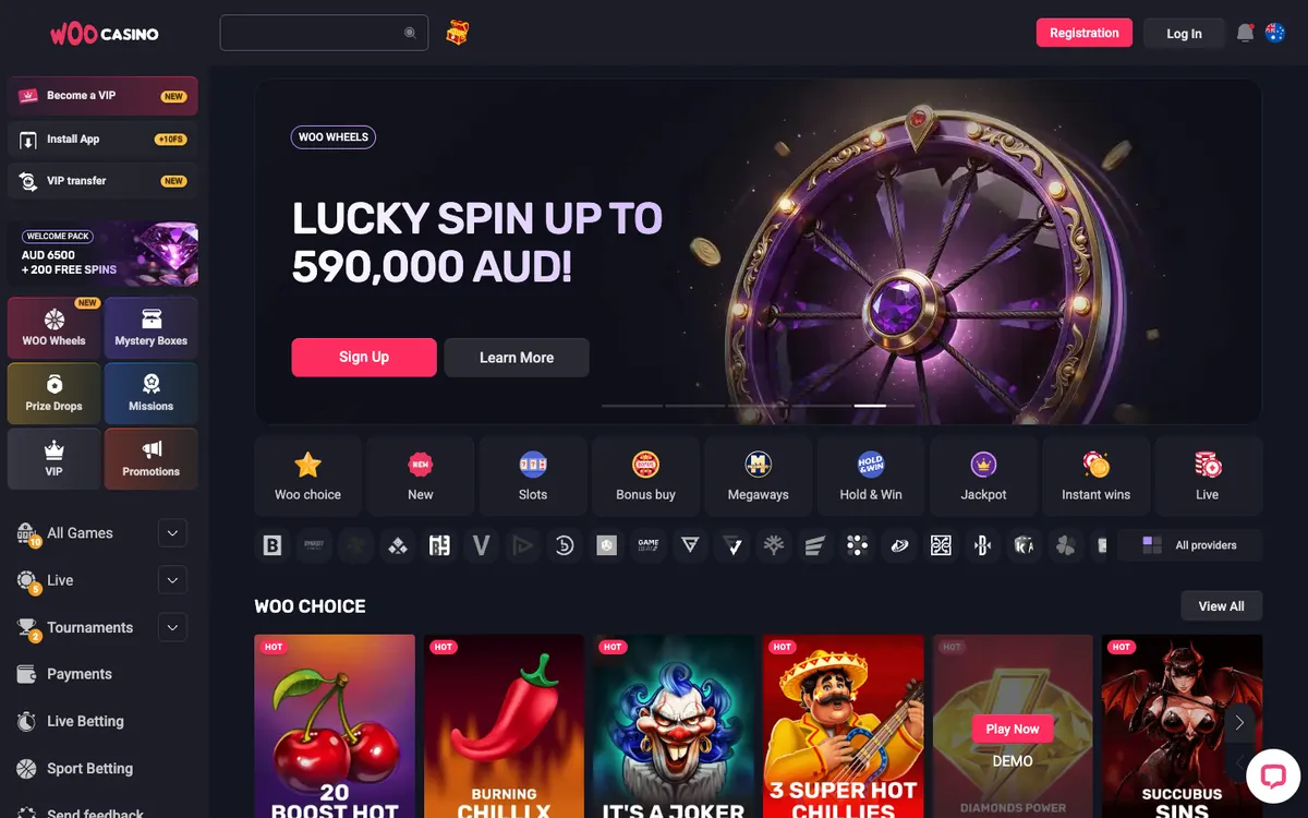 Woocasino — Home page, captured from Australia