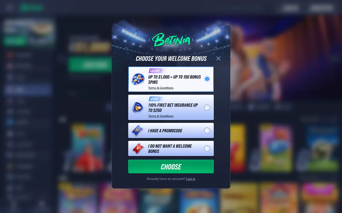Betinia Casino — Sign-up, captured from Canada