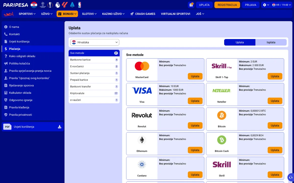 Paripesa Casino — Payments, captured from Croatia