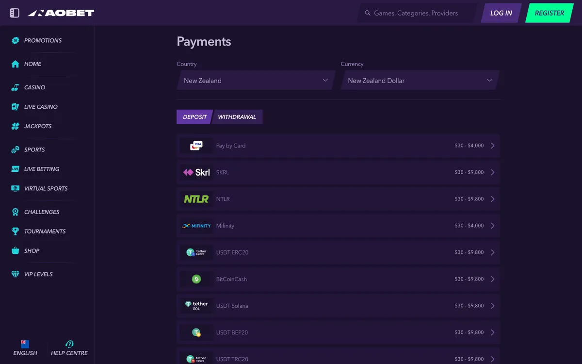 NaoBet Casino — «Платежи», снято из страны Новая Зеландия