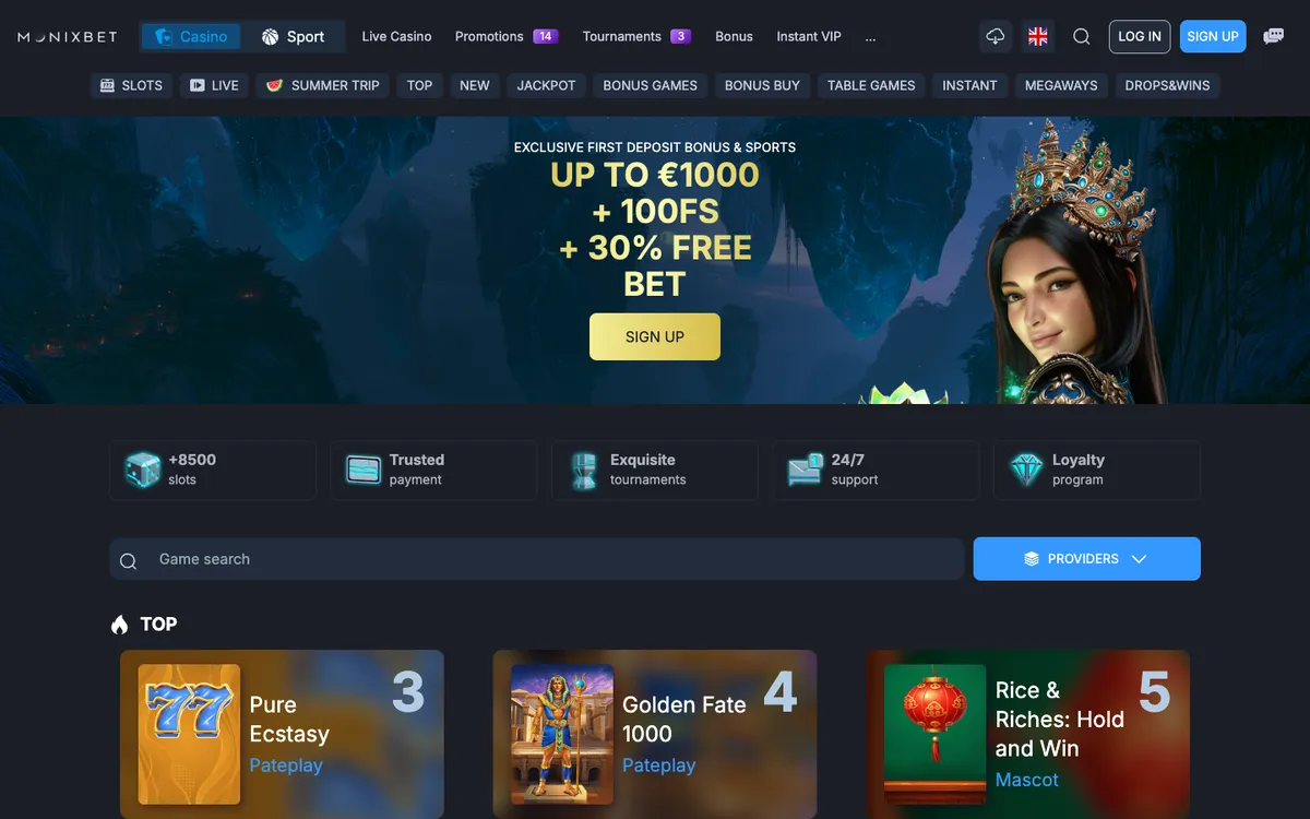 Monixbet Casino — Home page, captured from Canada