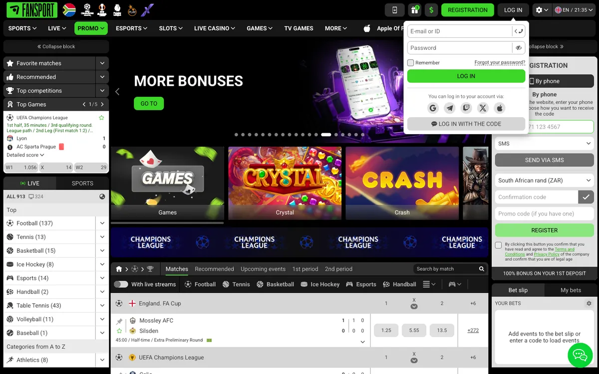 Fansport Casino — «Регистрация», снято из страны Южно-Африканская Республика