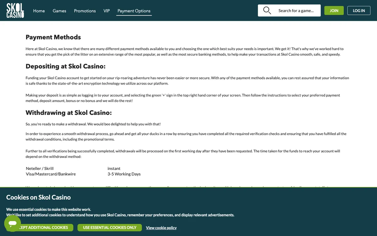 Skol Casino — Payments, captured from Norway