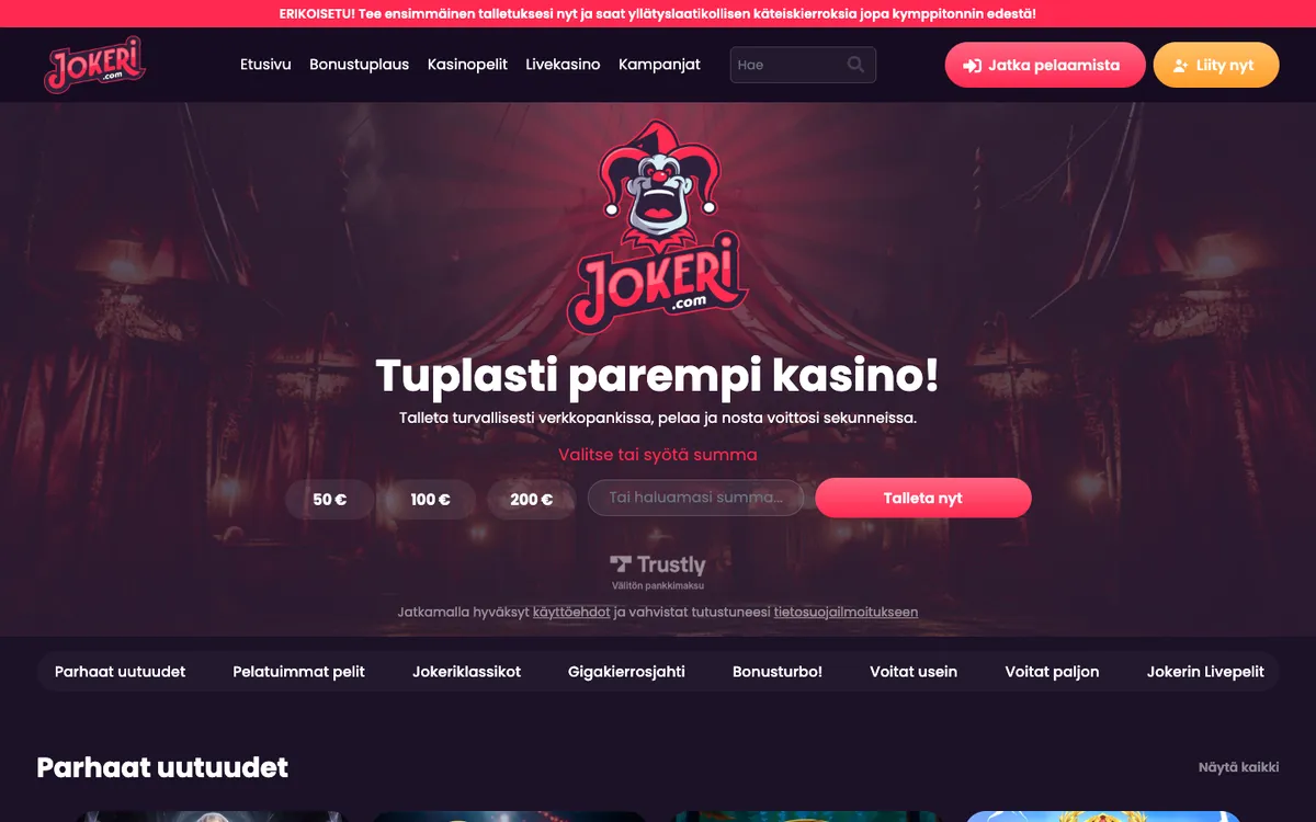Jokeri Casino — Home page, captured from Finland
