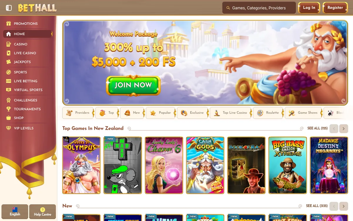 BetHall Casino — «Главная», снято из страны Новая Зеландия
