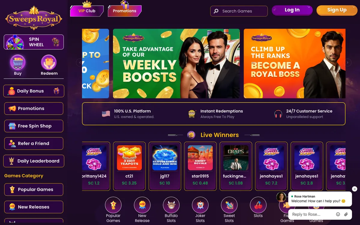 SweepsRoyal Casino — Home page, captured from United States