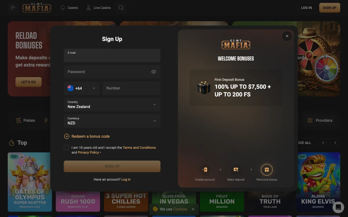 Slot Mafia Casino — Sign-up, captured from New Zealand
