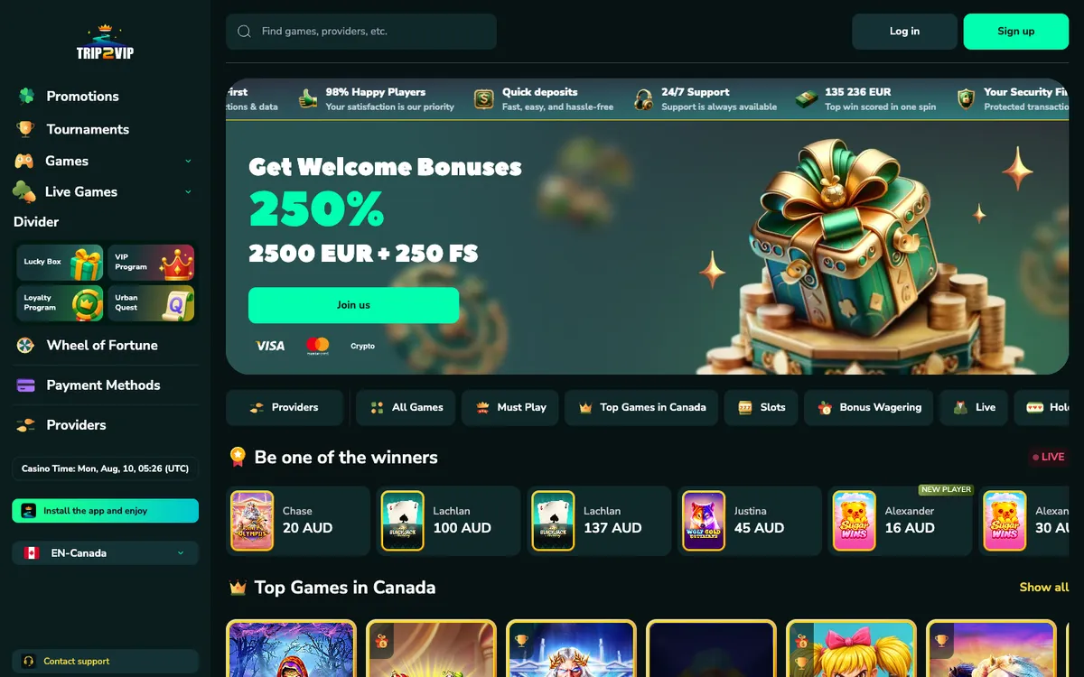 Trip2Vip Casino — «Главная», снято из страны Австрия