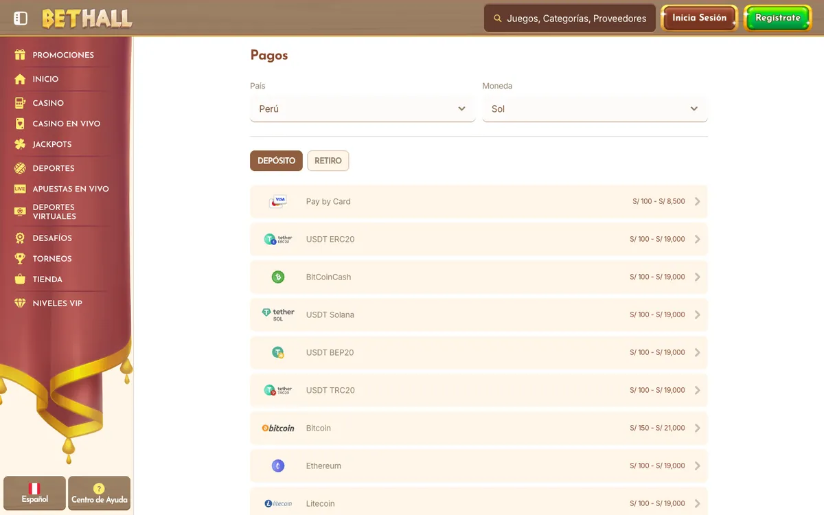 BetHall Casino — Payments, captured from Peru