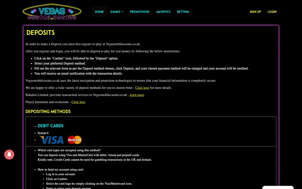 Vegas Mobile Casino — Payments, captured from Belgium