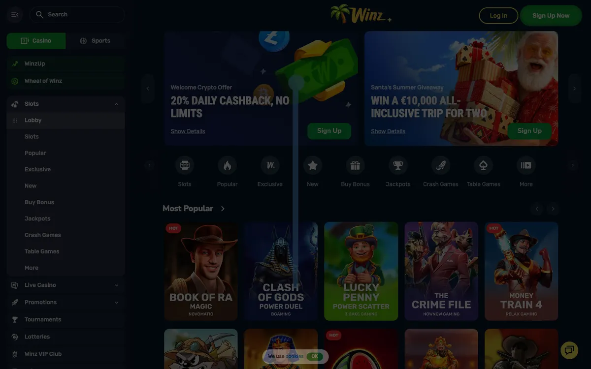 Winz.io Casino — Sign-up, captured from South Africa