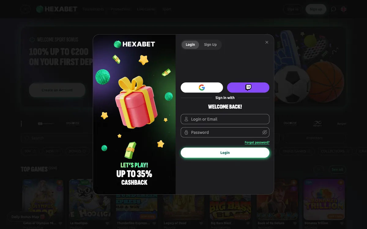 Hexabet Casino — Sign-up, captured from Norway