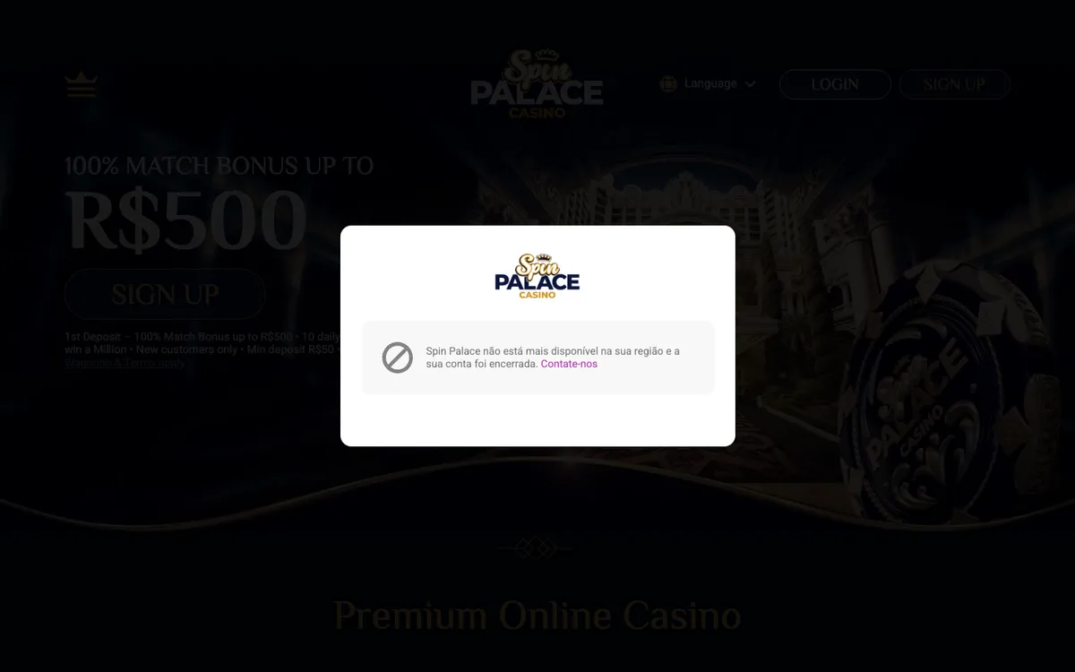 Spin Palace Casino — Home page, captured from Brazil