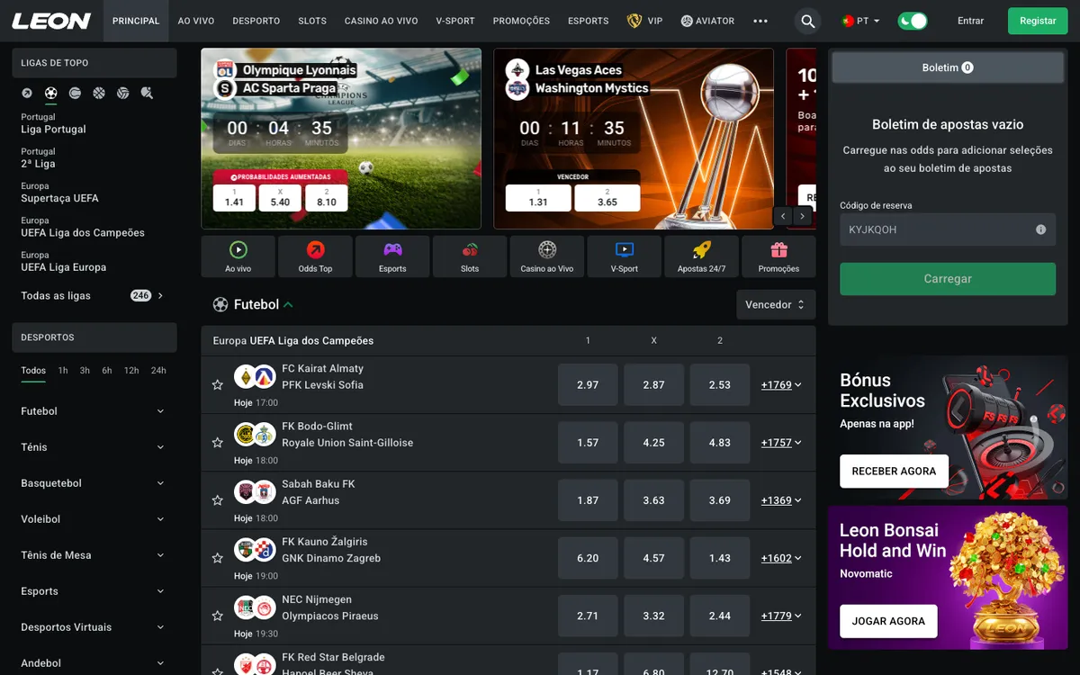 Leon Bet Casino — Home page, captured from Portugal