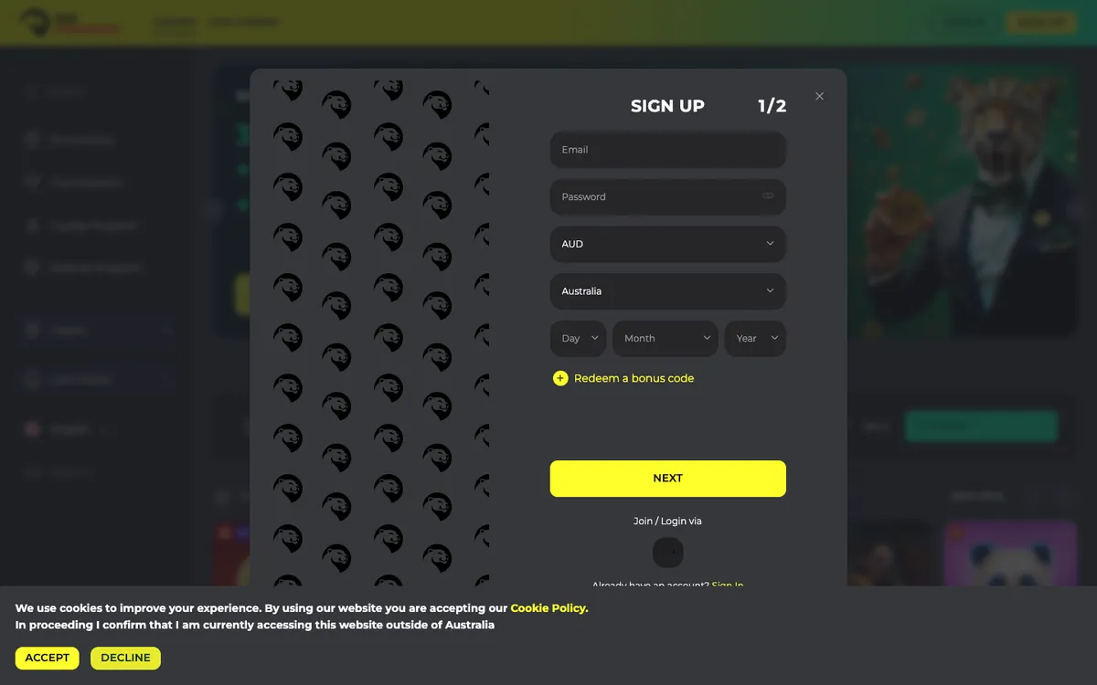 BetPRIMEIRO Casino — Sign-up, captured from Australia