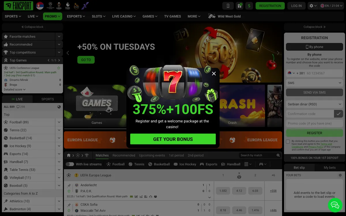 Fansport Casino — Home page, captured from Serbia