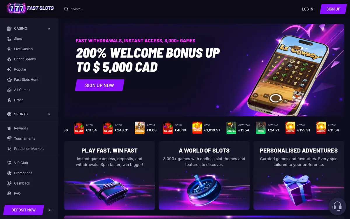 Fast Slots Casino — Home page, captured from Canada