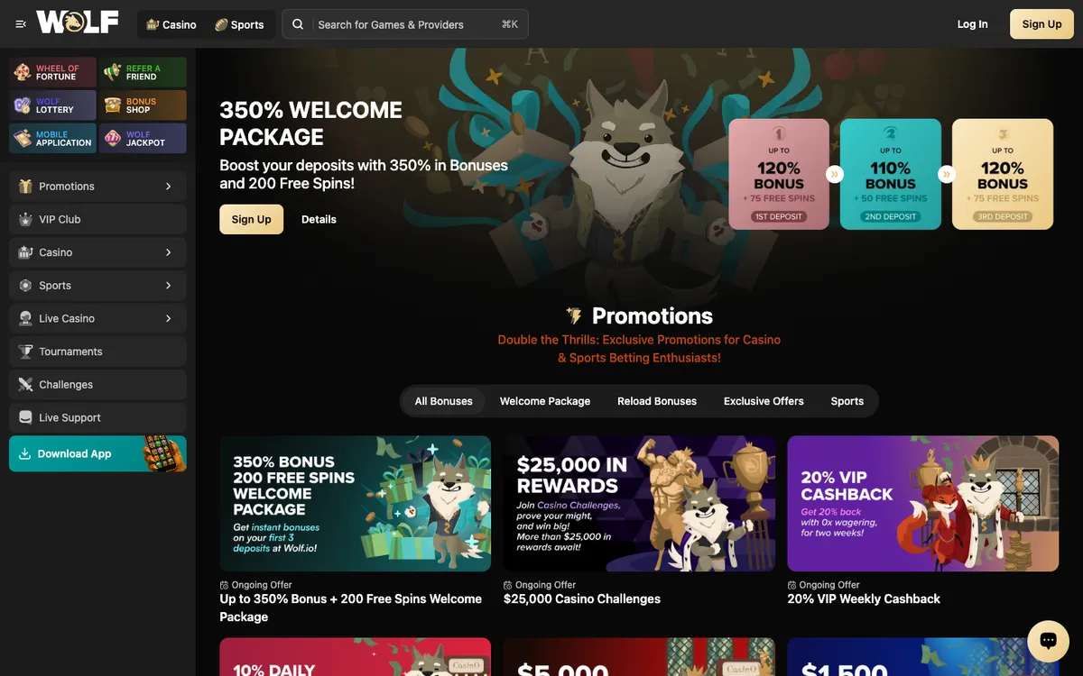 Wolf.io Casino — «Акции», снято из страны Великобритания