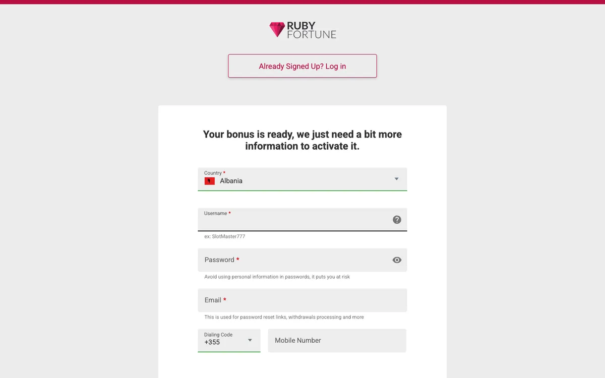 Ruby Fortune Casino — Sign-up, captured from Finland
