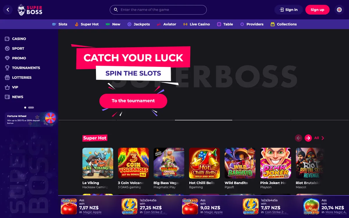 SuperBoss Casino — Home page, captured from New Zealand