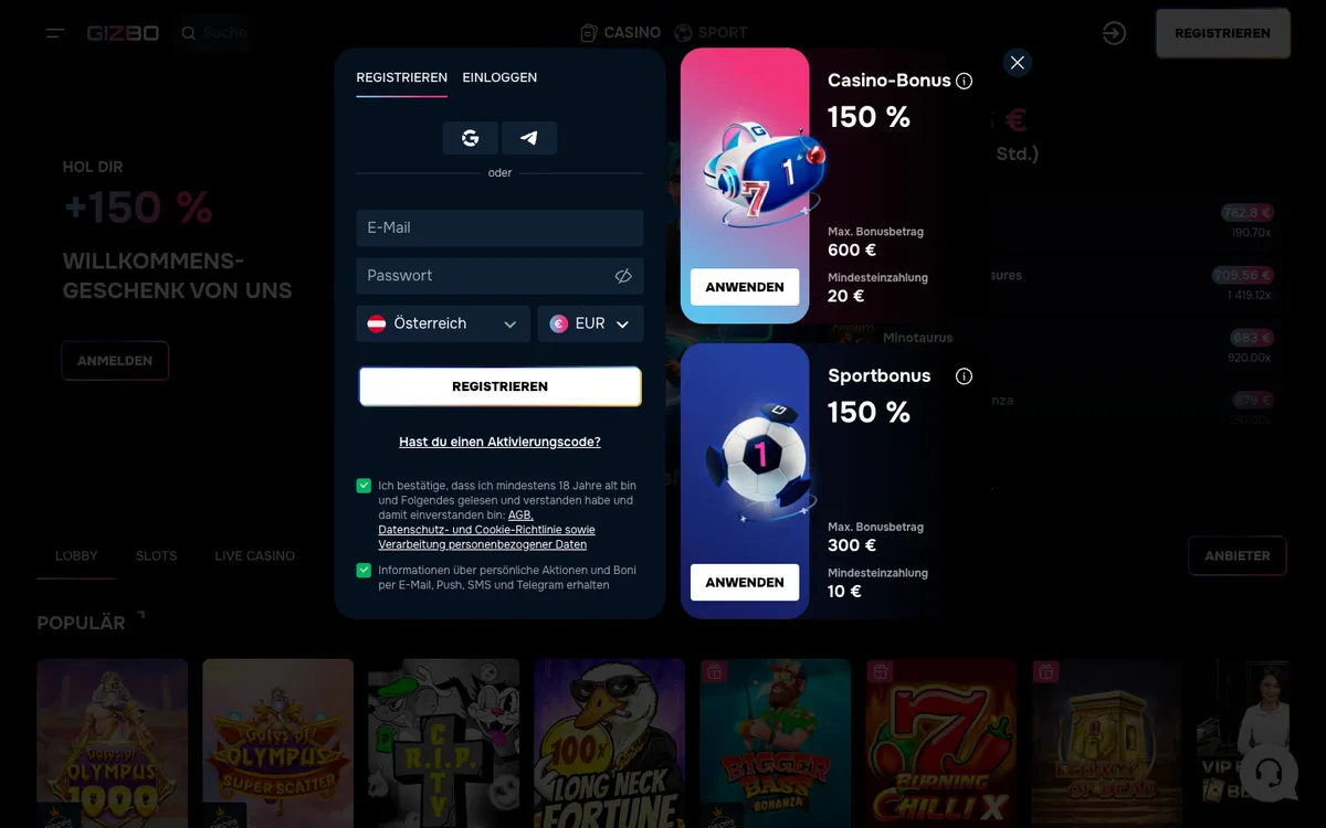 Gizbo Casino — Home page, captured from Austria