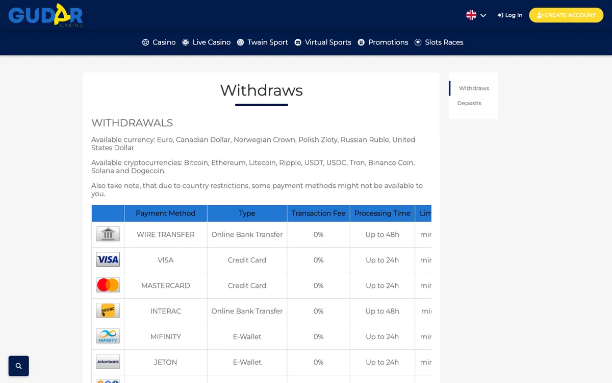 Gudar Casino — Payments, captured from Austria