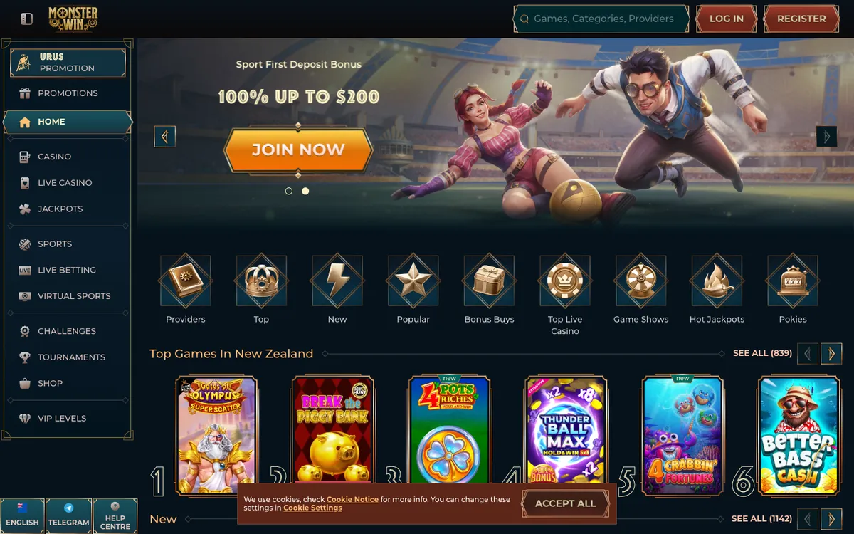 Monsterwin Casino — «Главная», снято из страны Новая Зеландия