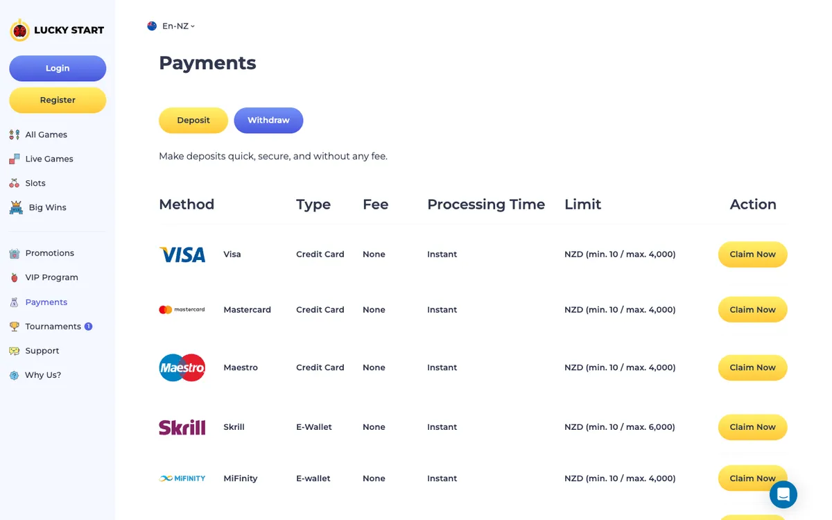Luckystart Casino — Payments, captured from New Zealand