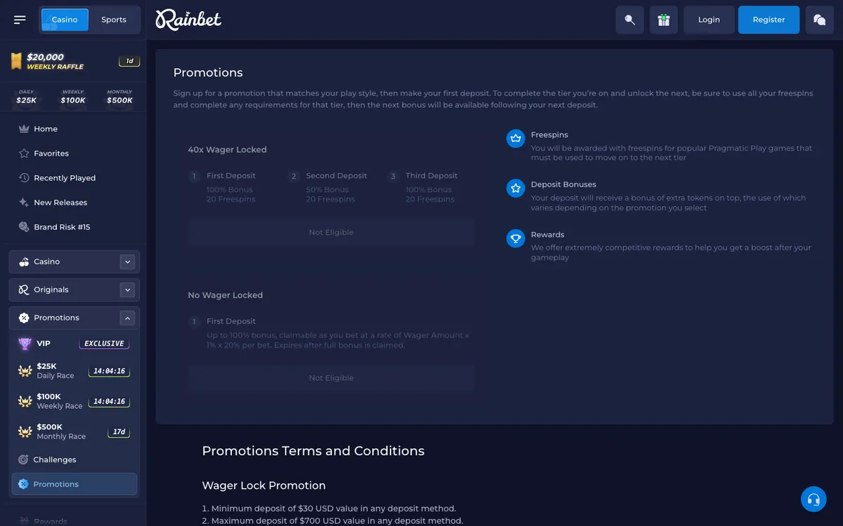 Rainbet Casino — Promotions, captured from Canada