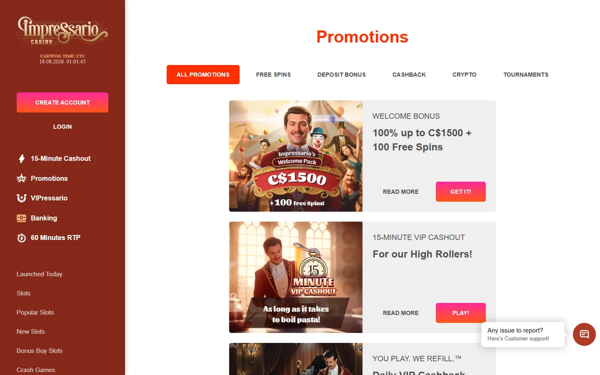 Impressario Casino — Promotions, captured from Canada