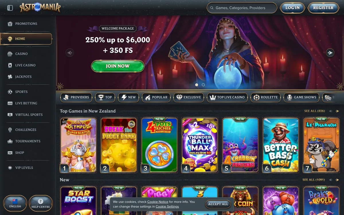 AstroMania Casino — Home page, captured from New Zealand